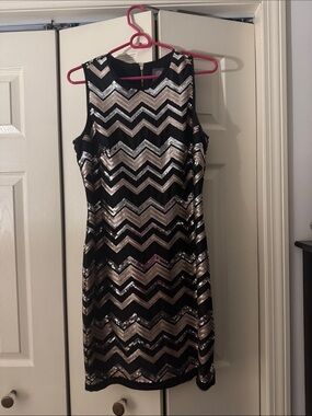 Vince Camuto Black and Silver Chevron Sequin Mini Dress